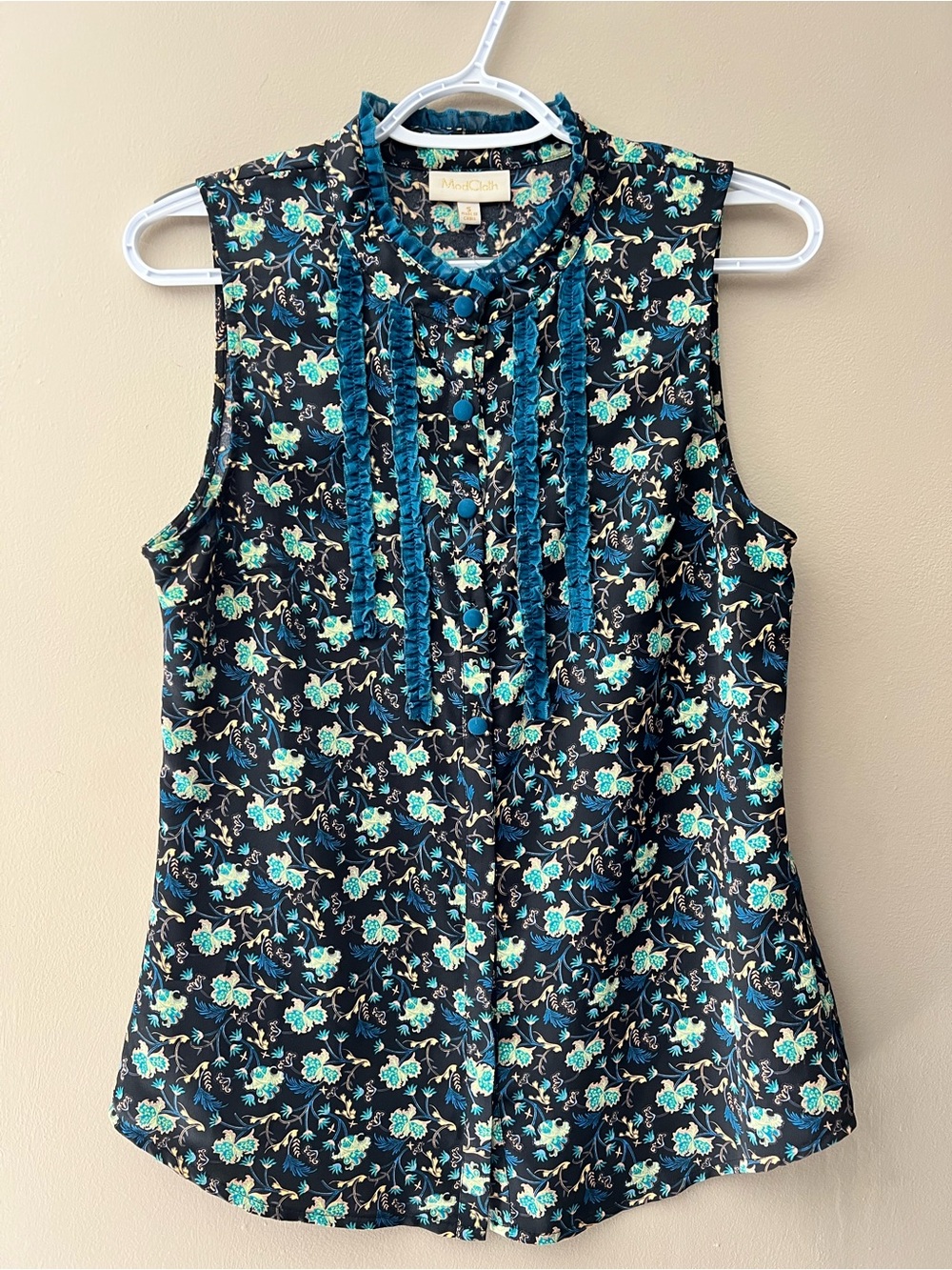 ModCloth sleeveless teal velvet ruffle floral button down blouse size Small
